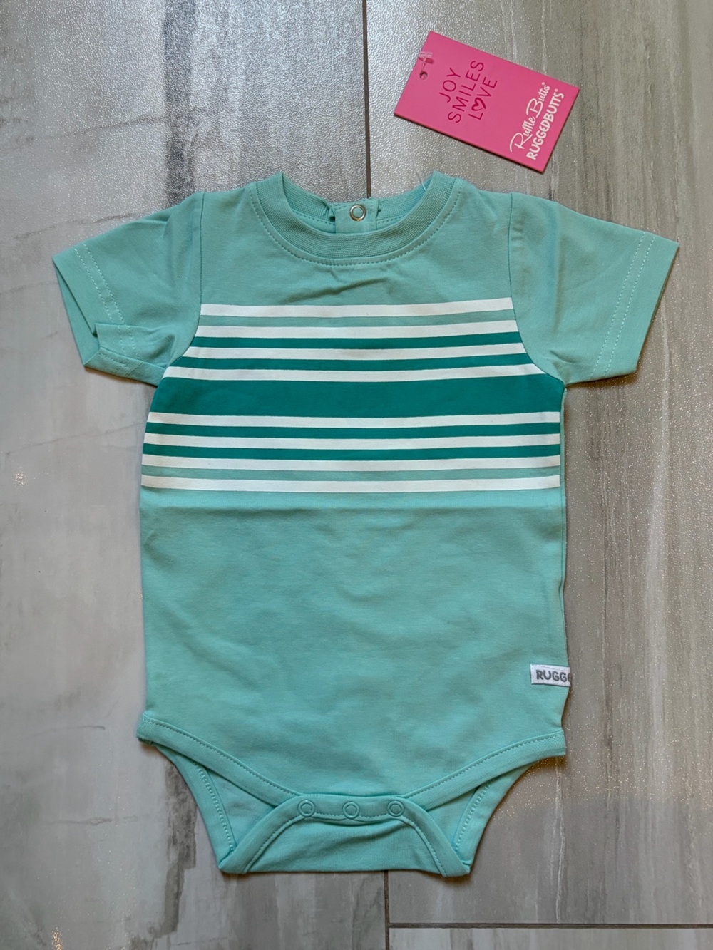 NWT RuggedButts Ocean Tides Aqua Graphic Stripe Short Sleeve Bodysuit Boys 3-6M